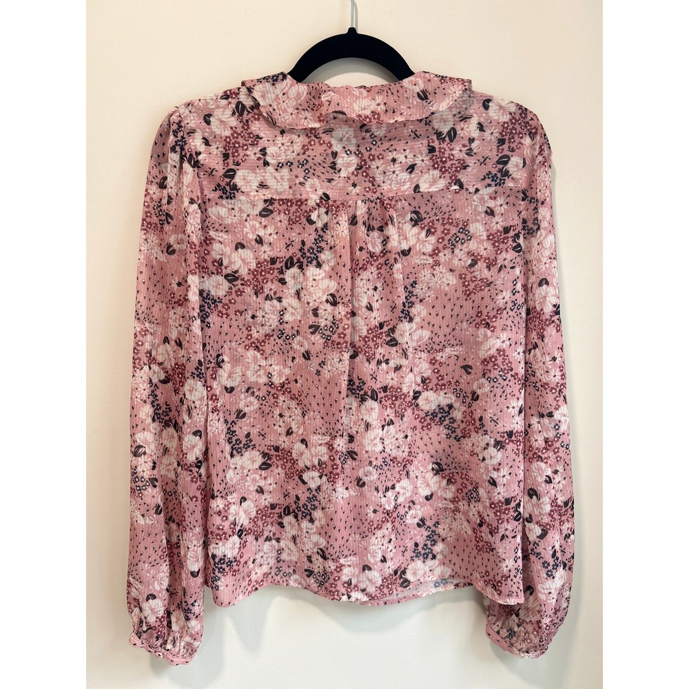 PAIGE Pink Floral Ruffle Blouse Metallic Shimmer Tie Neck Boho Romantic Top S - Picture 6 of 8